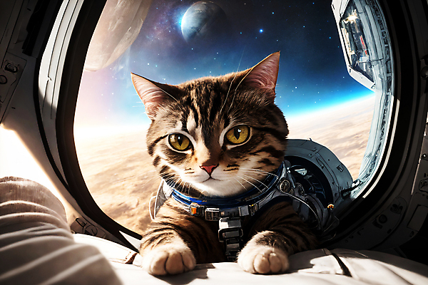 JPG 편집이미지 한마리 응시 엎드리기 사람없음 우주 고양이 행성 우주비행사 우주선 디지털합성 우주복 편집소스 편집실사 AI컴퓨터그래픽 AI콘텐츠 1 시선 옷 포유류 모션 반려동물 CG 파일형식