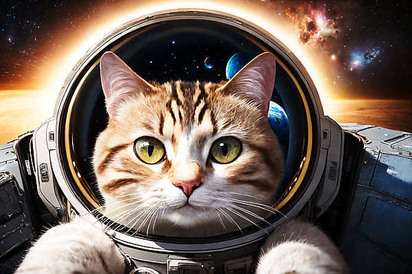 JPG 편집이미지 한마리 응시 사람없음 빛 우주 고양이 행성 우주비행사 디지털합성 우주복 편집소스 편집실사 AI컴퓨터그래픽 AI콘텐츠 1 시선 옷 포유류 반려동물 CG 파일형식