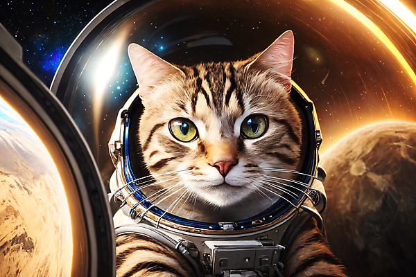 JPG 편집이미지 한마리 응시 사람없음 빛 반사 우주 고양이 행성 우주비행사 디지털합성 우주복 편집소스 편집실사 AI컴퓨터그래픽 AI콘텐츠 1 시선 옷 포유류 반려동물 CG 파일형식