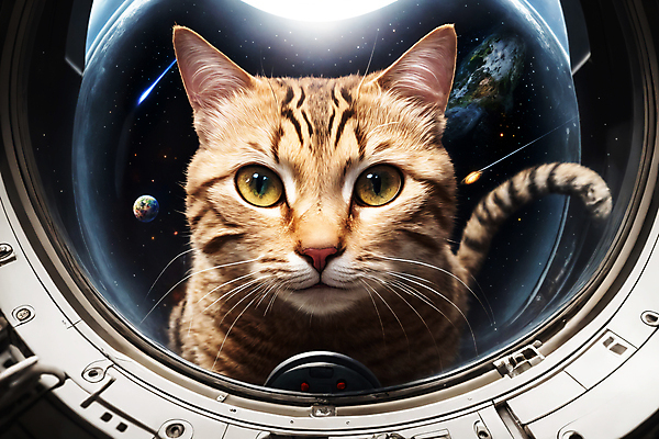 JPG 편집이미지 한마리 응시 사람없음 반사 우주 고양이 행성 우주비행사 디지털합성 우주복 편집소스 편집실사 AI컴퓨터그래픽 AI콘텐츠 1 시선 옷 포유류 반려동물 CG 파일형식