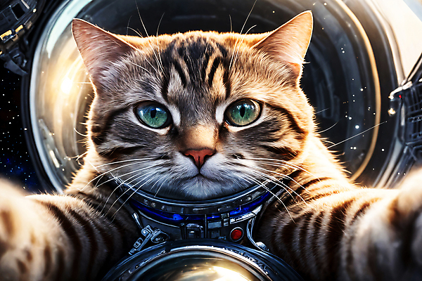 JPG 편집이미지 한마리 응시 사람없음 빛 우주 고양이 우주비행사 디지털합성 우주복 편집소스 편집실사 AI컴퓨터그래픽 AI콘텐츠 1 시선 옷 포유류 반려동물 CG 파일형식