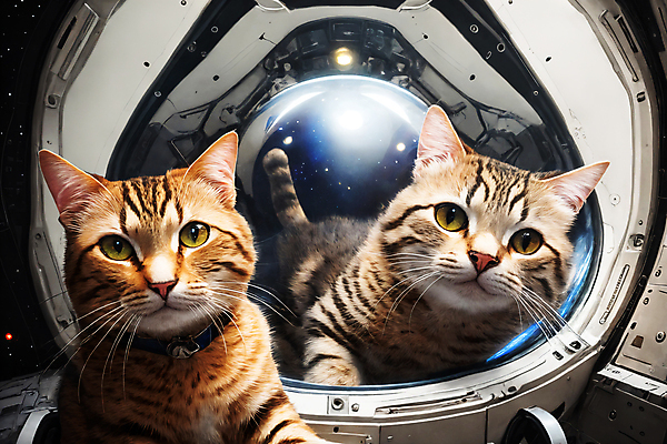 JPG 편집이미지 응시 두마리 사람없음 우주 고양이 우주비행사 우주선 디지털합성 우주복 편집소스 편집실사 AI컴퓨터그래픽 AI콘텐츠 시선 옷 2 포유류 반려동물 CG 파일형식