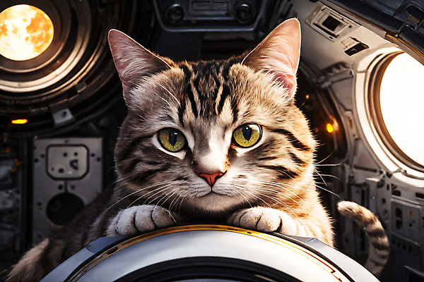 JPG 편집이미지 한마리 응시 사람없음 빛 우주 고양이 우주비행사 우주선 디지털합성 우주복 편집소스 편집실사 AI컴퓨터그래픽 AI콘텐츠 1 시선 옷 포유류 반려동물 CG 파일형식