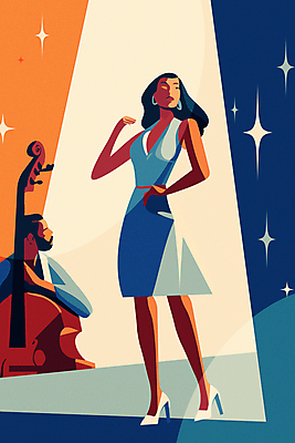 전신 여자 남자 포스터 악기 음악 일러스트 서기 상반신 성인 두명 파란색 반짝임 주황색 콘서트 공연 빈티지 복고 스포트라이트 재즈 재즈가수 성인만 국내일러스트 AI파일 컬러 컨셉 모션 문화예술 사람 이벤트 가수 파일형식 벡터