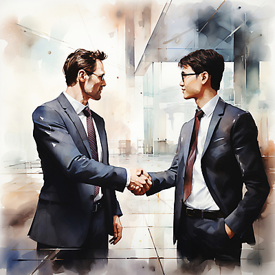 JPG 남자 일러스트 회사 수채화 악수 협상 정장 상반신 성인 두명 건물 마주보기 손잡기 비즈니스맨 주머니손 번짐 계약체결 성인남자만 안경낌 국내일러스트 AI일러스트 AI콘텐츠 건축물 옷 안경 비즈니스 모션 사람 손짓 직장인 계약 남자만 성인만 파일형식 효과