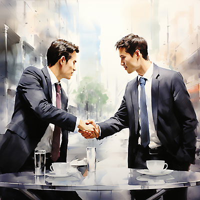 JPG 남자 일러스트 회사 탁자 수채화 악수 협상 정장 상반신 성인 두명 건물 손잡기 비즈니스맨 커피잔 물컵 주머니손 계약체결 성인남자만 국내일러스트 AI일러스트 AI콘텐츠 건축물 옷 커피 가구 비즈니스 모션 잔 사람 손짓 컵 직장인 계약 남자만 성인만 파일형식