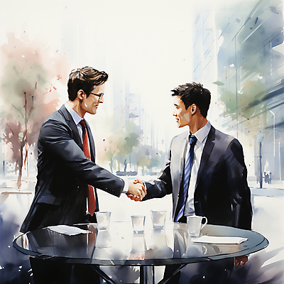 JPG 남자 일러스트 회사 탁자 수채화 악수 협상 미소 정장 상반신 성인 두명 건물 마주보기 손잡기 비즈니스맨 물컵 문서 번짐 계약체결 성인남자만 안경낌 국내일러스트 AI일러스트 AI콘텐츠 건축물 옷 안경 가구 비즈니스 모션 표정 사람 손짓 컵 직장인 계약 남자만 성인만 파일형식 효과