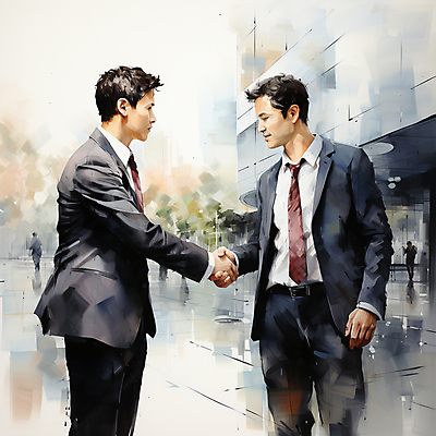 JPG 남자 일러스트 회사 수채화 악수 협상 정장 상반신 성인 두명 건물 손잡기 비즈니스맨 번짐 계약체결 성인남자만 국내일러스트 AI일러스트 AI콘텐츠 건축물 옷 비즈니스 모션 사람 손짓 직장인 계약 남자만 성인만 파일형식 효과