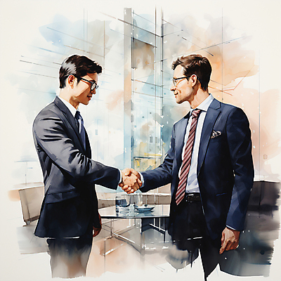 JPG 남자 일러스트 회사 수채화 악수 협상 미소 정장 두명 손잡기 비즈니스맨 회의실 번짐 계약체결 안경낌 국내일러스트 AI일러스트 AI콘텐츠 옷 안경 비즈니스 모션 표정 사람 손짓 직장인 계약 파일형식 효과