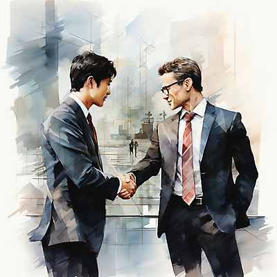 JPG 남자 일러스트 회사 수채화 악수 협상 미소 정장 상반신 성인 두명 건물 손잡기 비즈니스맨 주머니손 번짐 계약체결 성인남자만 안경낌 국내일러스트 AI일러스트 AI콘텐츠 건축물 옷 안경 비즈니스 모션 표정 사람 손짓 직장인 계약 남자만 성인만 파일형식 효과