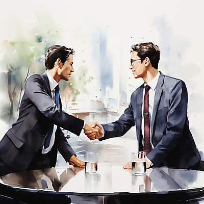 JPG 남자 일러스트 회사 탁자 수채화 악수 협상 미소 정장 상반신 성인 두명 건물 마주보기 손잡기 비즈니스맨 물컵 번짐 계약체결 손짚기 성인남자만 안경낌 국내일러스트 AI일러스트 AI콘텐츠 건축물 옷 안경 가구 비즈니스 모션 표정 사람 손짓 컵 직장인 계약 남자만 성인만 파일형식 효과