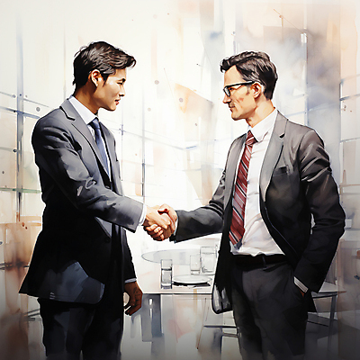 JPG 남자 일러스트 회사 수채화 악수 협상 미소 정장 상반신 성인 두명 마주보기 손잡기 비즈니스맨 물컵 회의실 주머니손 번짐 계약체결 성인남자만 안경낌 국내일러스트 AI일러스트 AI콘텐츠 옷 안경 비즈니스 모션 표정 사람 손짓 컵 직장인 계약 남자만 성인만 파일형식 효과
