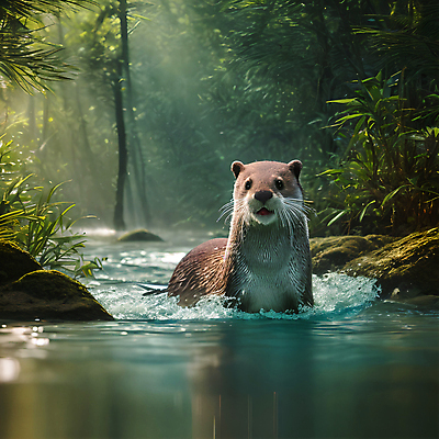 JPG 나무 동물 편집이미지 한마리 사람없음 물 빛 젖음 돌_바위 풀 숲 디지털합성 수달 스플래쉬 편집소스 편집실사 AI포토 AI콘텐츠 자연요소 식물 1 CG 파일형식