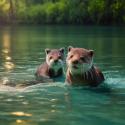JPG 동물 편집이미지 두마리 사람없음 물 젖음 풀 숲 디지털합성 수달 편집소스 편집실사 AI포토 AI콘텐츠 자연요소 식물 2 CG 파일형식