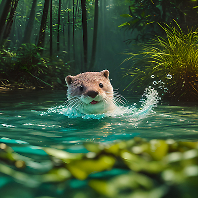 JPG 나무 동물 편집이미지 한마리 사람없음 물 수영 젖음 물방울 풀 소프트포커스 숲 디지털합성 수달 스플래쉬 편집소스 편집실사 AI포토 AI콘텐츠 자연요소 식물 1 촬영기법 수상스포츠 CG 파일형식