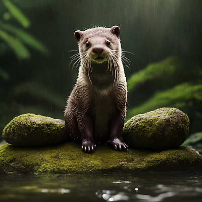 JPG 동물 편집이미지 한마리 앉기 사람없음 물 젖음 돌_바위 숲 디지털합성 수달 편집소스 편집실사 AI포토 AI콘텐츠 자연요소 1 모션 CG 파일형식