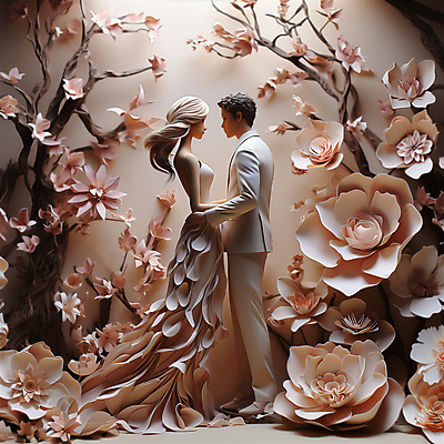 JPG 전신 편집이미지 커플 여자 남자 꽃 종이 분홍색 웨딩드레스 안기 서기 턱시도 성인 두명 마주보기 페이퍼아트 디지털합성 예복 신랑신부 성인만 편집소스 편집실사 AI포토 AI콘텐츠 식물 드레스 옷 신부_웨딩 컬러 신랑 결혼 관계 모션 사람 정장 CG 파일형식
