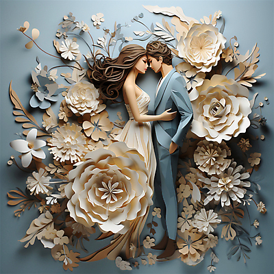 JPG 전신 편집이미지 커플 여자 남자 꽃 종이 웨딩드레스 허리손 하늘색 안기 서기 턱시도 성인 두명 페이퍼아트 디지털합성 예복 이마맞대기 살구색 신랑신부 성인만 얼굴맞대기 편집소스 편집실사 AI포토 AI콘텐츠 식물 드레스 옷 신부_웨딩 컬러 포즈 신랑 결혼 관계 모션 사람 정장 파란색 CG 파일형식