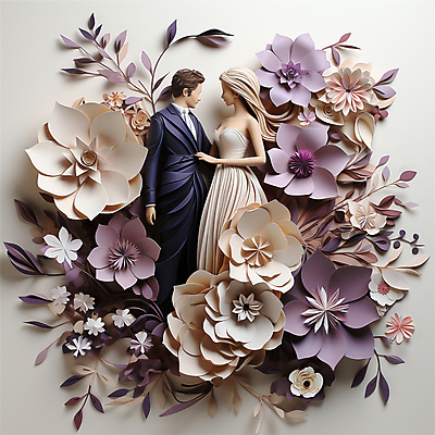 JPG 전신 편집이미지 커플 여자 남자 꽃 종이 웨딩드레스 턱시도 성인 두명 마주보기 페이퍼아트 디지털합성 연보라색 예복 살구색 신랑신부 성인만 편집소스 편집실사 AI포토 AI콘텐츠 식물 드레스 옷 신부_웨딩 컬러 신랑 결혼 관계 모션 사람 정장 보라색 CG 파일형식