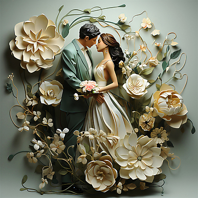 JPG 전신 편집이미지 커플 여자 남자 꽃 종이 부케 웨딩드레스 안기 키스 들기 턱시도 성인 두명 초록색 페이퍼아트 디지털합성 예복 신랑신부 아이보리 성인만 편집소스 편집실사 AI포토 AI콘텐츠 식물 드레스 옷 신부_웨딩 컬러 꽃다발 신랑 결혼 관계 모션 사람 정장 CG 애정표현 파일형식