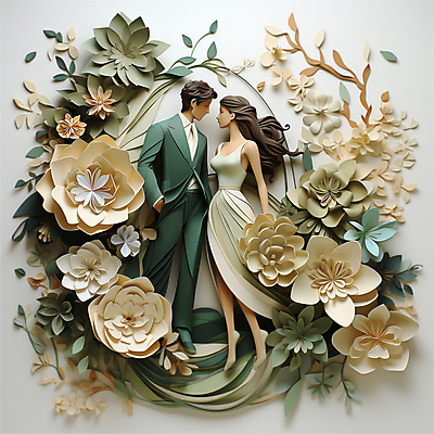 JPG 전신 편집이미지 커플 여자 남자 꽃 종이 웨딩드레스 서기 턱시도 성인 두명 초록색 마주보기 페이퍼아트 디지털합성 주머니손 예복 신랑신부 아이보리 성인만 편집소스 편집실사 AI포토 AI콘텐츠 식물 드레스 옷 신부_웨딩 컬러 신랑 결혼 관계 모션 사람 정장 CG 파일형식