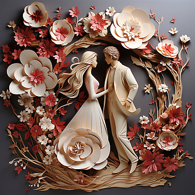 JPG 전신 편집이미지 커플 여자 남자 꽃 종이 웨딩드레스 안기 턱시도 성인 두명 빨간색 마주보기 페이퍼아트 디지털합성 예복 살구색 신랑신부 성인만 편집소스 편집실사 AI포토 AI콘텐츠 식물 드레스 옷 신부_웨딩 컬러 신랑 결혼 관계 모션 사람 정장 CG 파일형식