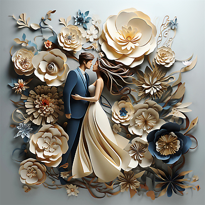 JPG 전신 편집이미지 커플 여자 남자 꽃 종이 웨딩드레스 허리손 안기 키스 턱시도 성인 두명 파란색 마주보기 페이퍼아트 디지털합성 예복 신랑신부 아이보리 성인만 편집소스 편집실사 AI포토 AI콘텐츠 식물 드레스 옷 신부_웨딩 컬러 포즈 신랑 결혼 관계 모션 사람 정장 CG 애정표현 파일형식