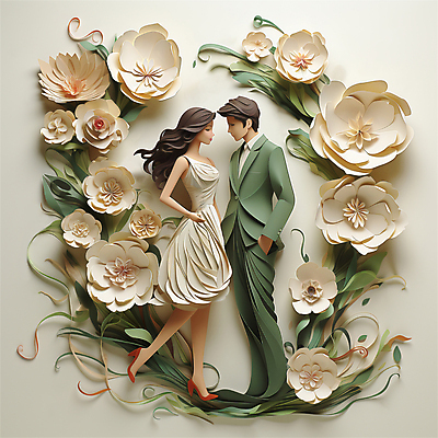 JPG 전신 편집이미지 커플 여자 남자 꽃 종이 웨딩드레스 서기 턱시도 성인 두명 초록색 마주보기 페이퍼아트 디지털합성 주머니손 예복 베이지색 신랑신부 성인만 편집소스 편집실사 AI포토 AI콘텐츠 식물 드레스 옷 신부_웨딩 컬러 신랑 결혼 관계 모션 사람 정장 CG 파일형식