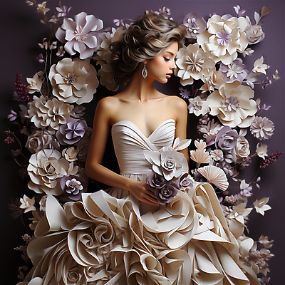 JPG 편집이미지 여자 꽃 종이 신부 부케 웨딩드레스 한명 들기 상반신 성인 보라색 흰색 페이퍼아트 디지털합성 성인여자한명만 편집소스 편집실사 AI포토 AI콘텐츠 식물 1 드레스 컬러 꽃다발 결혼 모션 사람 CG 여자한명만 성인여자만 파일형식