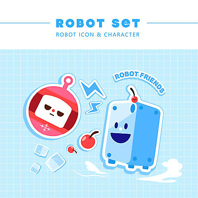 아이콘 캐릭터 스티커 사람없음 빨간색 파란색 얼음 체리 전기에너지 로봇 번개모양 2D아이콘 AI파일 자연요소 모양 컬러 과일 에너지 번개 파일형식 벡터