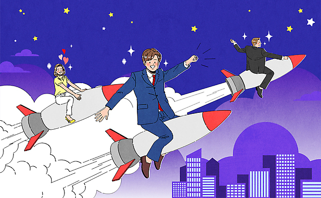 전신 구름 여자 남자 별 일러스트 밤하늘 정장 빌딩 청년 성인 세명 청춘 손들기 보라색 희망 주먹 로켓 하트 비즈니스맨 연기 승차 발사 손뻗기 로켓발사 청년만 성인만 국내일러스트 AI파일 자연요소 모양 옷 감정 컬러 컨셉 비즈니스 모션 하늘 사람 건물 직장인 야간 파일형식 벡터