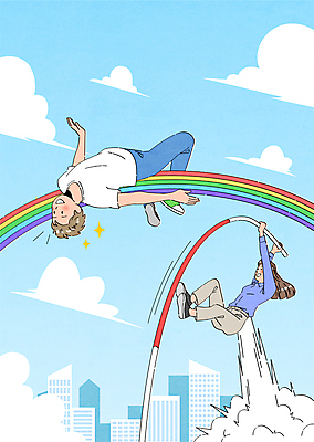 전신 구름 여자 남자 하늘색 무지개 일러스트 하늘 빌딩 청년 성인 두명 청춘 점프 희망 잡기 장대 연기 역동적 장대높이뛰기 넘기 청년만 성인만 국내일러스트 AI파일 자연요소 감정 컨셉 모션 사람 건물 파란색 육상스포츠 파일형식 벡터