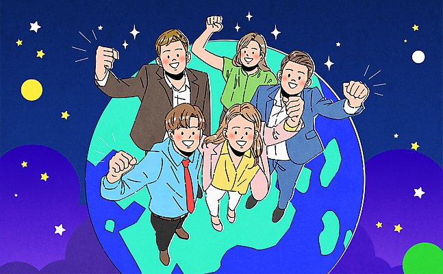 전신 구름 여자 남자 지구 일러스트 응원 밤하늘 함께함 서기 정장 여러명 청년 성인 파란색 청춘 손들기 우주 파이팅 희망 주먹 올려보기 비즈니스맨 비즈니스우먼 청년만 성인만 국내일러스트 AI파일 자연요소 옷 감정 컬러 다수 컨셉 비즈니스 모션 하늘 사람 직장인 야간 파일형식 벡터