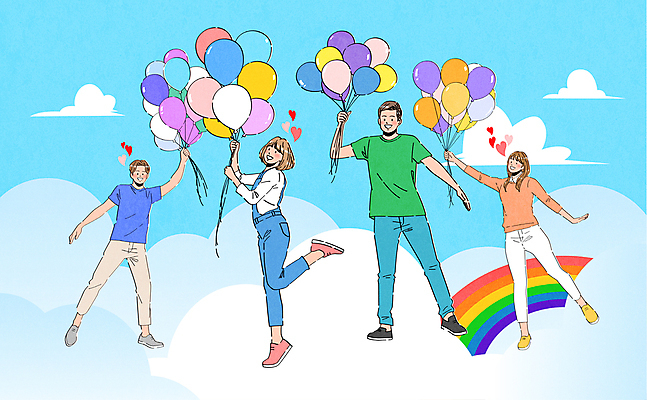 전신 구름 여자 남자 하늘색 무지개 일러스트 하늘 들기 여러명 청년 성인 공중 청춘 희망 비행 풍선 풍선잡기 청년만 성인만 국내일러스트 AI파일 자연요소 감정 다수 컨셉 모션 사람 파란색 잡기 파일형식 벡터