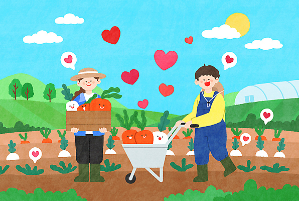 전신 PSD 나무 구름 여자 남자 말풍선 밭 일러스트 산 표정 서기 들기 성인 두명 태양 농사 당근 수확 하트 풀 밀기 농부 무 나무상자 유기농 밀짚모자 동산 비닐하우스 외발수레 성인만 국내일러스트 자연요소 모양 식물 직업 모자_잡화 웰빙 농업 모션 뿌리채소 사람 상자 수레 파일형식