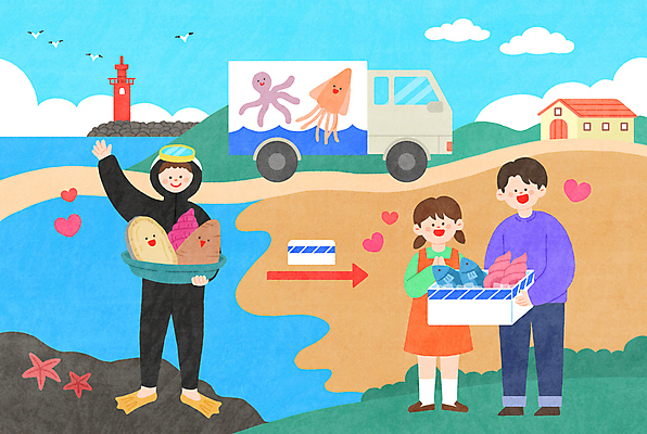 전신 PSD 여자 남자 길 어린이 바다 일러스트 불가사리 주택 등대 어류 들기 소녀 성인 세명 손들기 바구니 바위 하트 소라 해산물 택배 오징어 유기농 육지 문어 전복 손모으기 잠수복 해녀 아이스박스 먹거리 해녀복장 산지직송 탑차 국내일러스트 모양 직업 웰빙 옷 음식 모션 어패류 극피동물 연체동물 사람 손짓 건물 수중동물 트럭 운송업 돌_바위 파일형식 직송