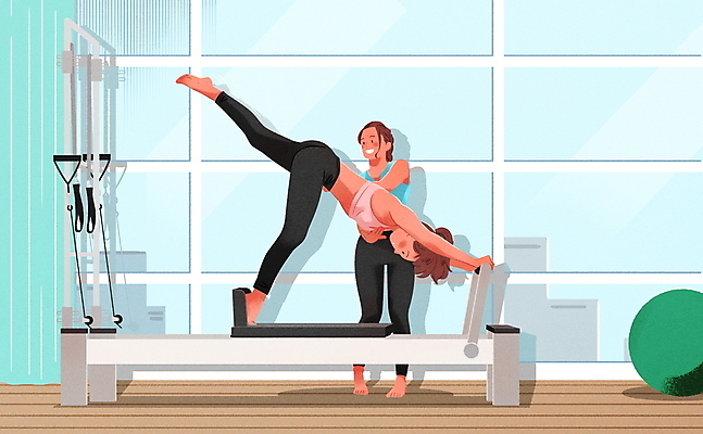 전신 PSD 여자 포즈 일러스트 성인 두명 운동복 운동 강사 커튼 짐볼 트레이너 다리들기 자기관리 필라테스 성인여자만 기구필라테스 필라테스기구 국내일러스트 직업 옷 모션 건강 사람 운동기구 헬스 여자만 성인만 파일형식