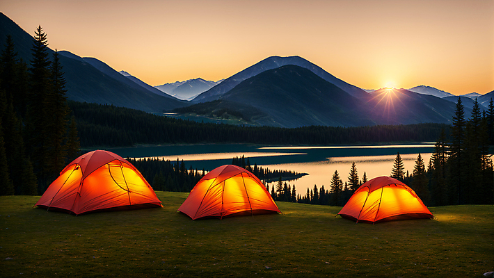 JPG 나무 편집이미지 호수 하늘 산 텐트 풍경 잔디 사람없음 야외 빛 태양 일몰 캠핑 저녁 캠핑장 오후 편집실사 AI포토 AI콘텐츠 자연요소 식물 레저 캠핑도구 노을 야간 CG 파일형식