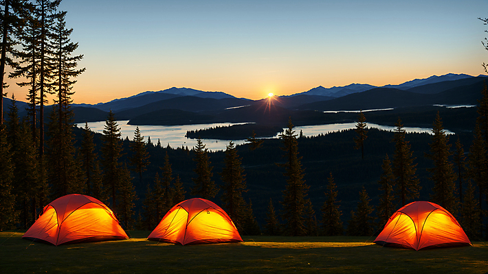 JPG 나무 편집이미지 호수 하늘 산 텐트 풍경 사람없음 야외 빛 햇빛 태양 일몰 캠핑 저녁 캠핑장 오후 편집실사 AI포토 AI콘텐츠 자연요소 식물 레저 캠핑도구 노을 야간 CG 파일형식
