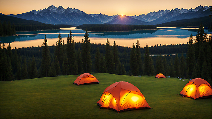 JPG 나무 편집이미지 호수 산 텐트 풍경 잔디 사람없음 야외 빛 햇빛 태양 일몰 캠핑 저녁 캠핑장 오후 편집실사 AI포토 AI콘텐츠 자연요소 식물 레저 캠핑도구 노을 야간 CG 파일형식