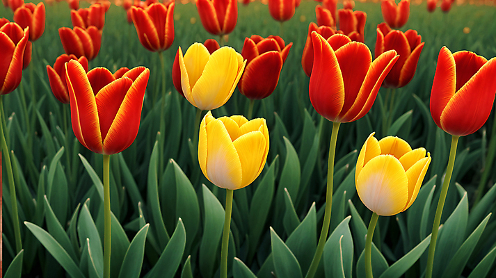 JPG 편집이미지 꽃 꽃밭 자연 사람없음 야외 빨간색 노란색 튤립 편집실사 AI포토 AI콘텐츠 식물 컬러 CG 생태계 파일형식