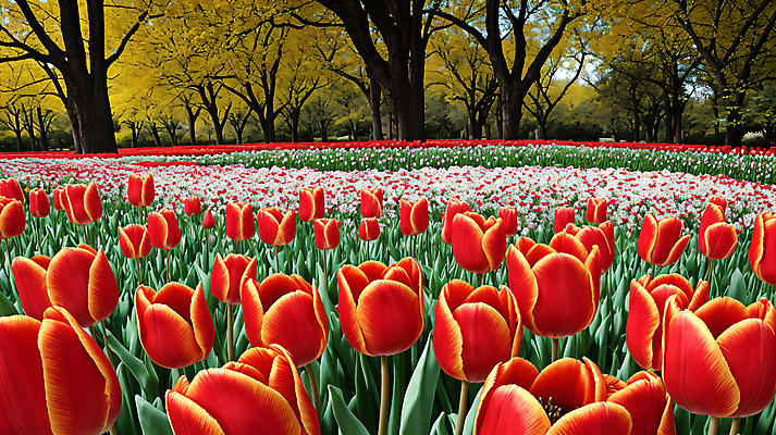 JPG 나무 편집이미지 공원 꽃 꽃밭 자연 풍경 사람없음 야외 빨간색 튤립 은행나무 편집실사 AI포토 AI콘텐츠 식물 공공시설 컬러 CG 생태계 파일형식