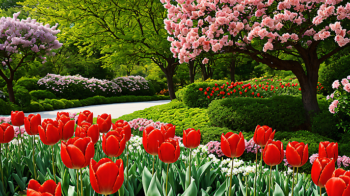 JPG 나무 편집이미지 공원 꽃 꽃밭 자연 하늘 풍경 사람없음 야외 산책로 튤립 공원길 편집실사 AI포토 AI콘텐츠 식물 공공시설 길 CG 생태계 파일형식