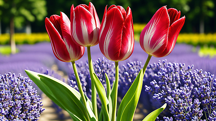 JPG 편집이미지 공원 꽃 꽃밭 자연 풍경 사람없음 야외 튤립 라벤더 편집실사 AI포토 AI콘텐츠 식물 공공시설 허브 CG 생태계 파일형식