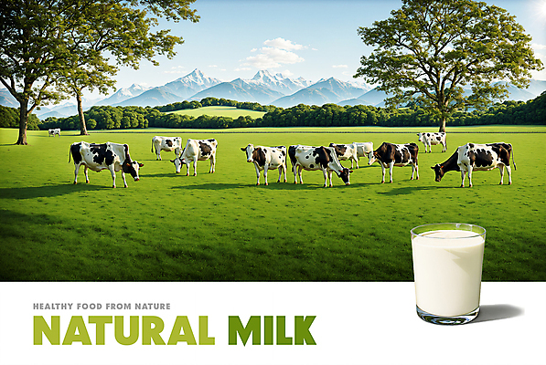 PSD 나무 구름 편집이미지 배너 여러마리 하늘 산 풍경 초원 사람없음 우유 먹기 젖소 낙농업 이미지편집 자연요소 식물 산업 다수 모션 유제품 소 파일형식