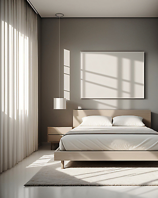 JPG 편집이미지 액자 베개 조명 실내 사람없음 인테리어 햇빛 카펫 침실 흰색 침대 커튼 포근함 디지털합성 모던 서랍장 심플 미니멀 편집실사 AI포토 AI콘텐츠 디자인 컬러 가구 침구 내부 태양 감각 CG 파일형식