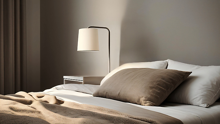 JPG 편집이미지 베개 실내 사람없음 인테리어 침실 이불 흰색 침대 스탠드 커튼 포근함 디지털합성 모던 심플 미니멀 수면등 편집실사 AI포토 AI콘텐츠 디자인 컬러 가구 침구 조명 내부 감각 CG 파일형식