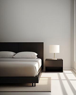 JPG 편집이미지 베개 실내 사람없음 인테리어 햇빛 카펫 침실 흰색 침대 스탠드 포근함 디지털합성 모던 서랍장 심플 미니멀 수면등 편집실사 AI포토 AI콘텐츠 디자인 컬러 가구 침구 조명 내부 태양 감각 CG 파일형식