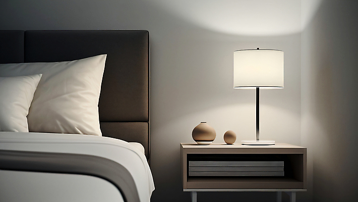 JPG 편집이미지 베개 실내 사람없음 장식 빛 인테리어 침실 흰색 침대 스탠드 포근함 디지털합성 모던 서랍장 심플 미니멀 수면등 편집실사 AI포토 AI콘텐츠 디자인 컬러 가구 침구 조명 내부 감각 CG 파일형식
