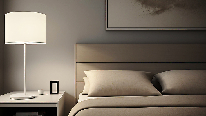 JPG 편집이미지 액자 베개 실내 사람없음 빛 인테리어 침실 흰색 침대 스탠드 포근함 디지털합성 모던 심플 미니멀 수면등 편집실사 AI포토 AI콘텐츠 디자인 컬러 가구 침구 조명 내부 감각 CG 파일형식